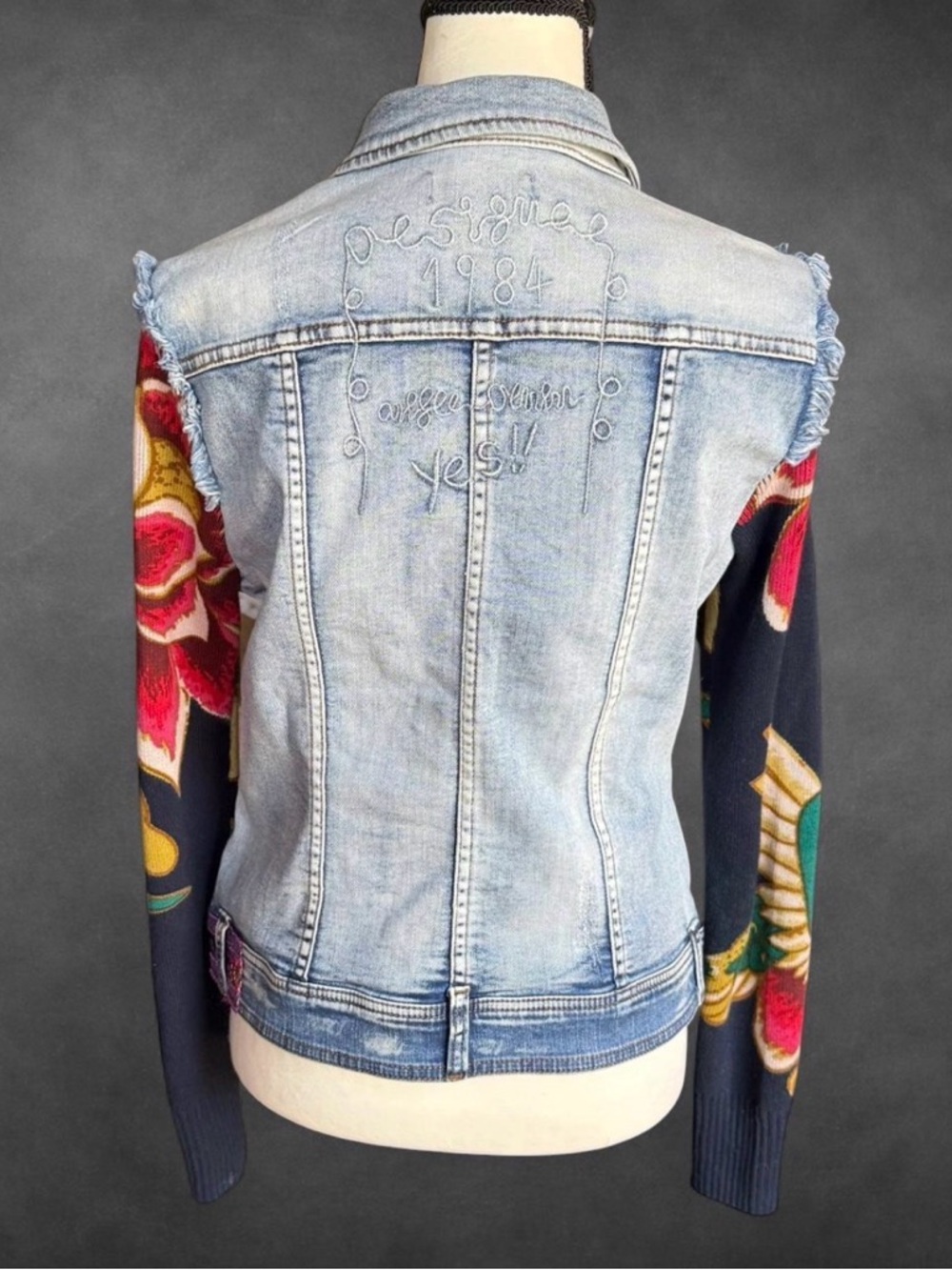 Desigual Light Wash‎ Denim Jacket with Multicolor Floral Knit Sleeves - Picture 3 of 8